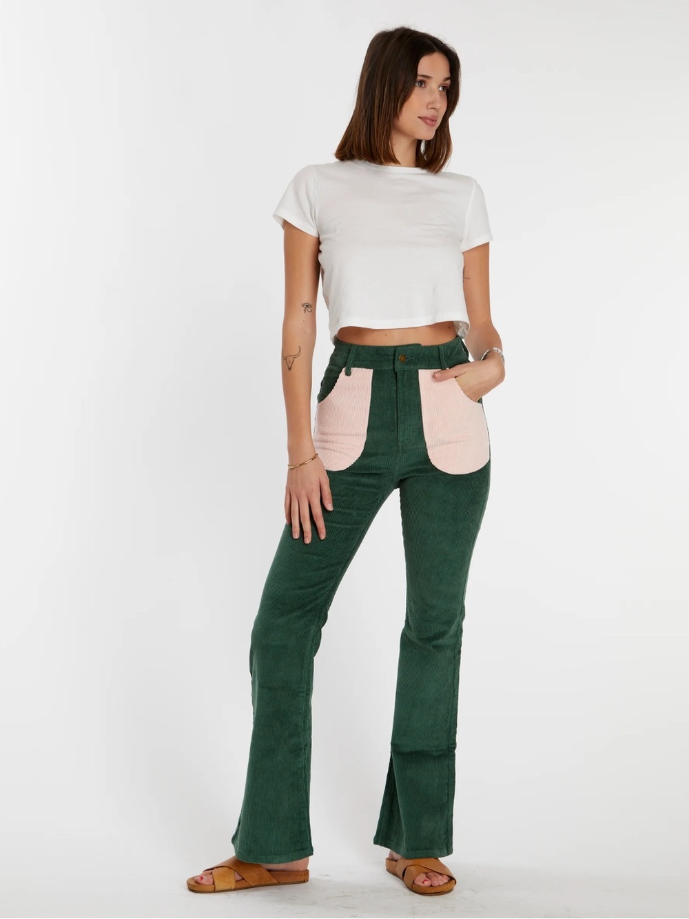 Hammies High-Rise Green Corduroy Pants with Pink Patch Pockets